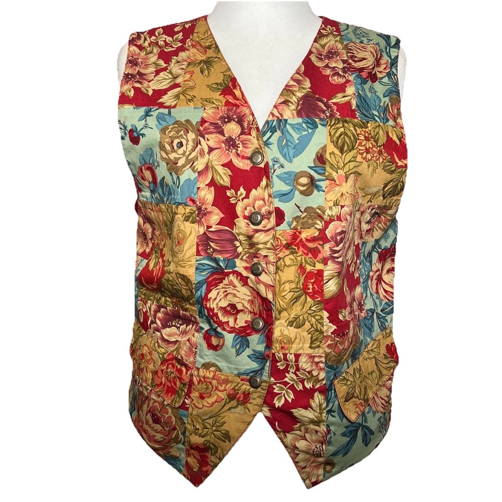 Vtg 90s Liz Sport 5 Button Indie Vest L Patchwork Cotton Floral Grandma Cottage